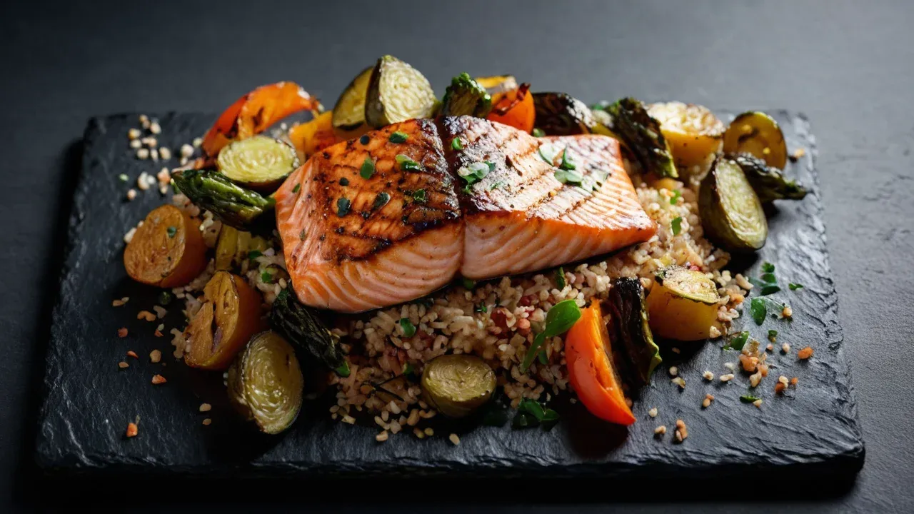 A top-down, macro view of a single, perfectly composed meal (grilled salmon, quinoa, roasted vegetables) on a matte black slate.