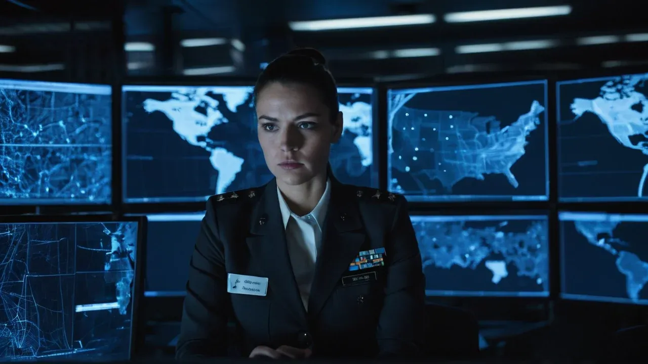 A medium shot of a female cybersecurity analyst (age 32) sitting in a dimly lit control room.