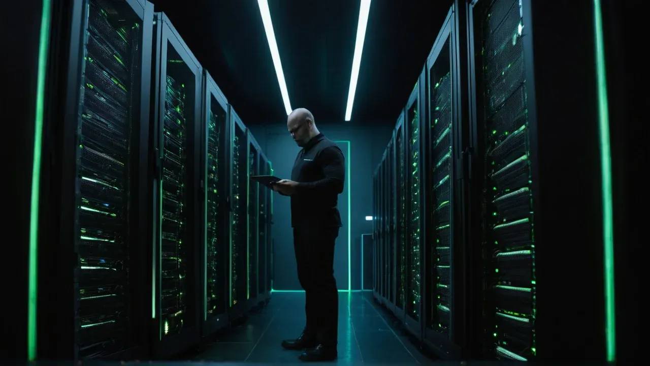 A wide, atmospheric shot of a modern, dimly lit server room in Sydney.