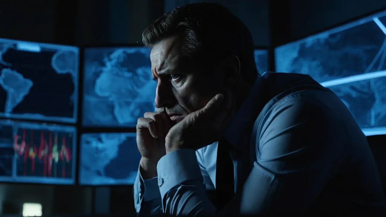 An adult man aged 35 sitting in a dimly lit, modern office.