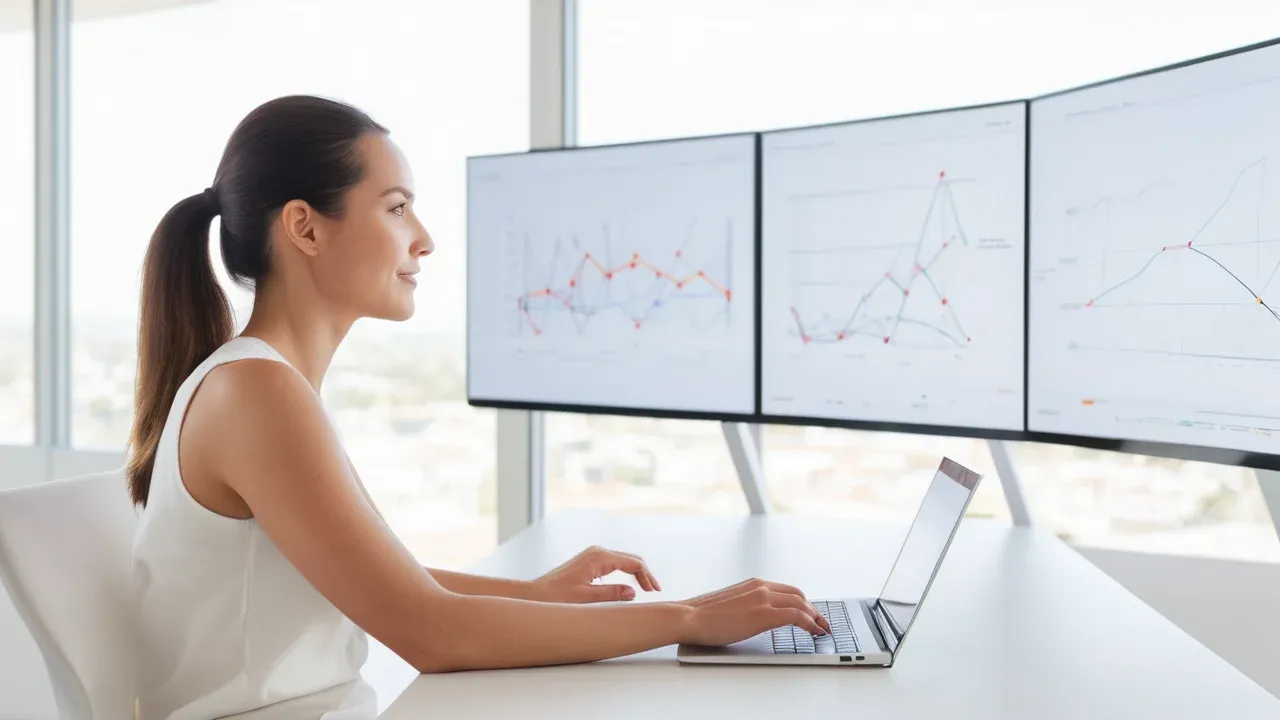A minimalist, high-tech workspace desk. An adult woman (age 32) sits calmly, looking at a dual-monitor setup.