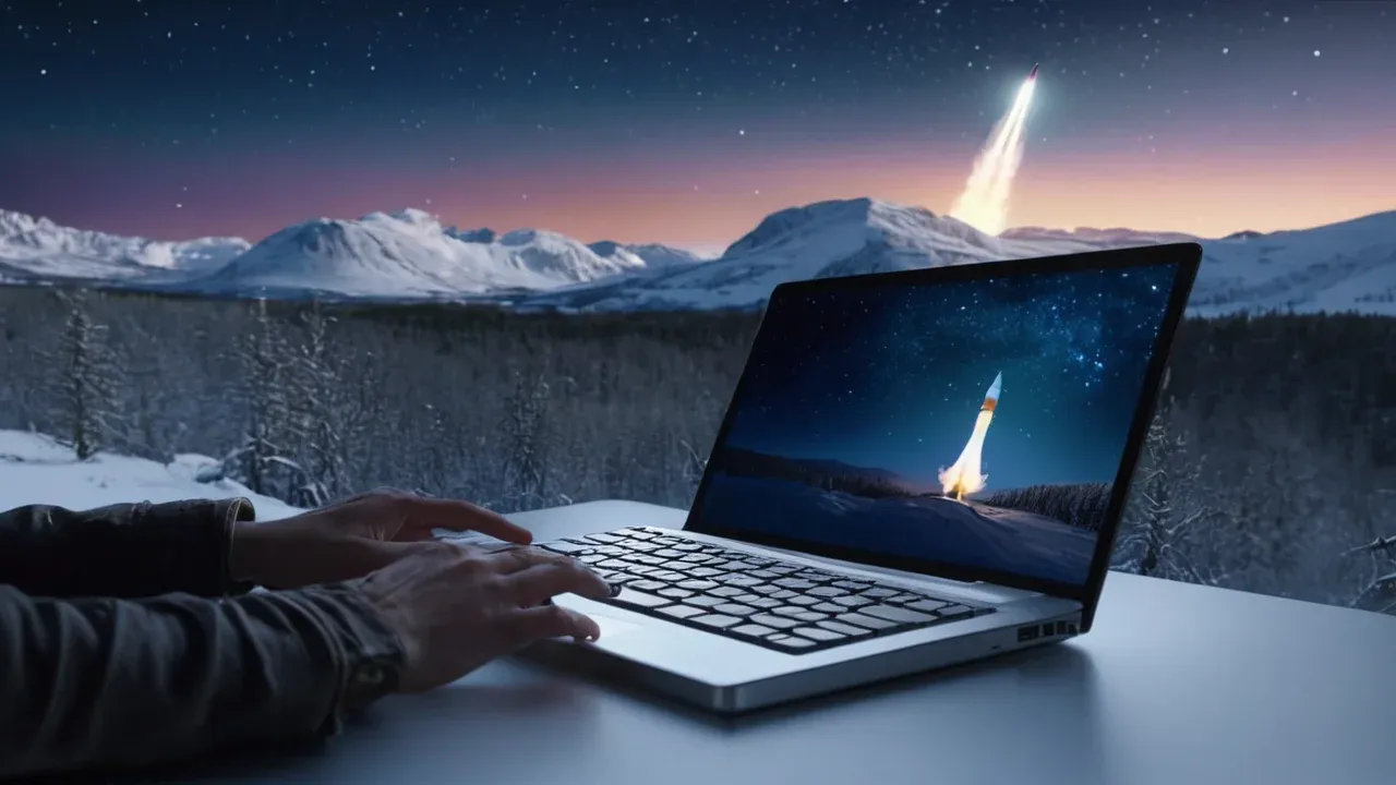 A surreal, split-level composition. The top half shows a sleek, white commercial rocket launching into a starry night sky above a snowy Norwegian landscape (Andøya).