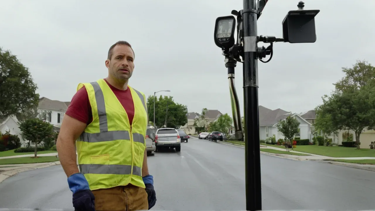 A technician in a high-visibility vest stands beside a pole-mounted traffic camera on a suburban street.