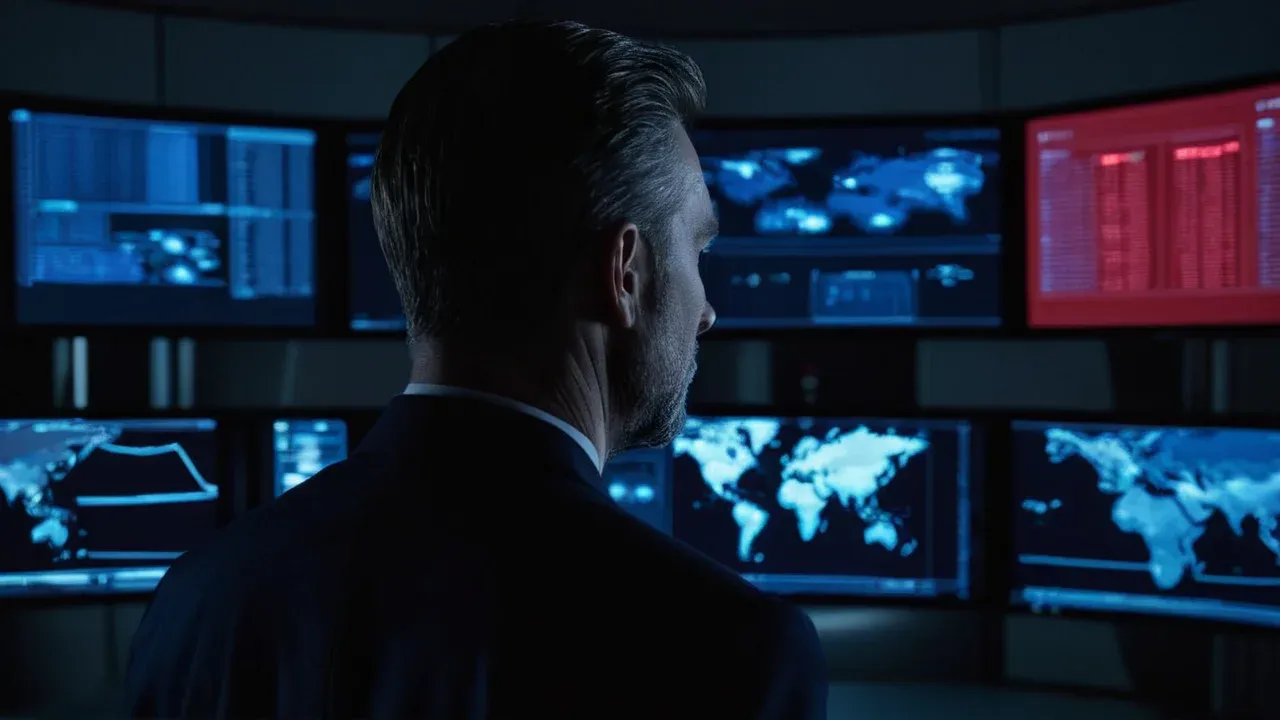 A close-up, over-the-shoulder shot of an adult man (age 32), dressed in a sharp, dark corporate security suit, standing in a dimly lit server room or control center.