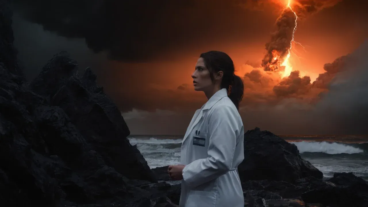 A powerful, low-angle shot of a single adult woman (age 32), dressed in professional scientific attire (white lab coat over dark clothes), standing on a rocky coastline.