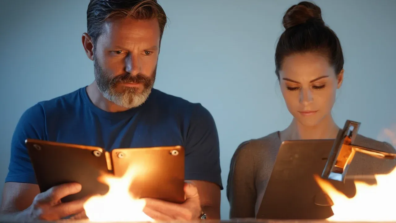A close-up portrait of an adult man (32) and an adult woman (36) standing back-to-back in a dimly lit, neutral gray void.