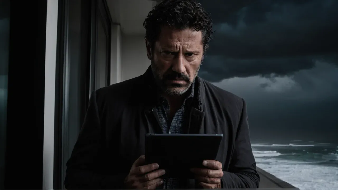 A close-up of an adult man (age 35) with a serious, contemplative expression, holding a tablet that is off.