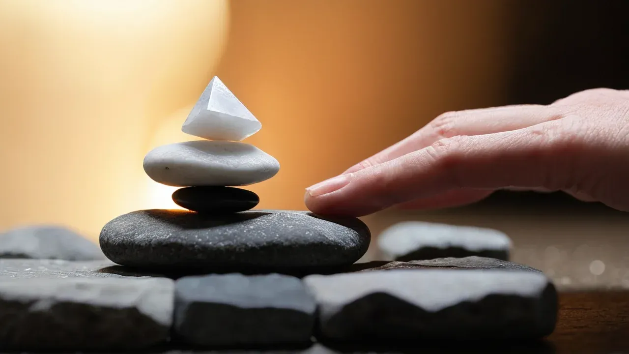 A macro shot of a human hand gently placing a single, glowing white stone onto a stack of dark, rough stones, creating a balanced pyramid.