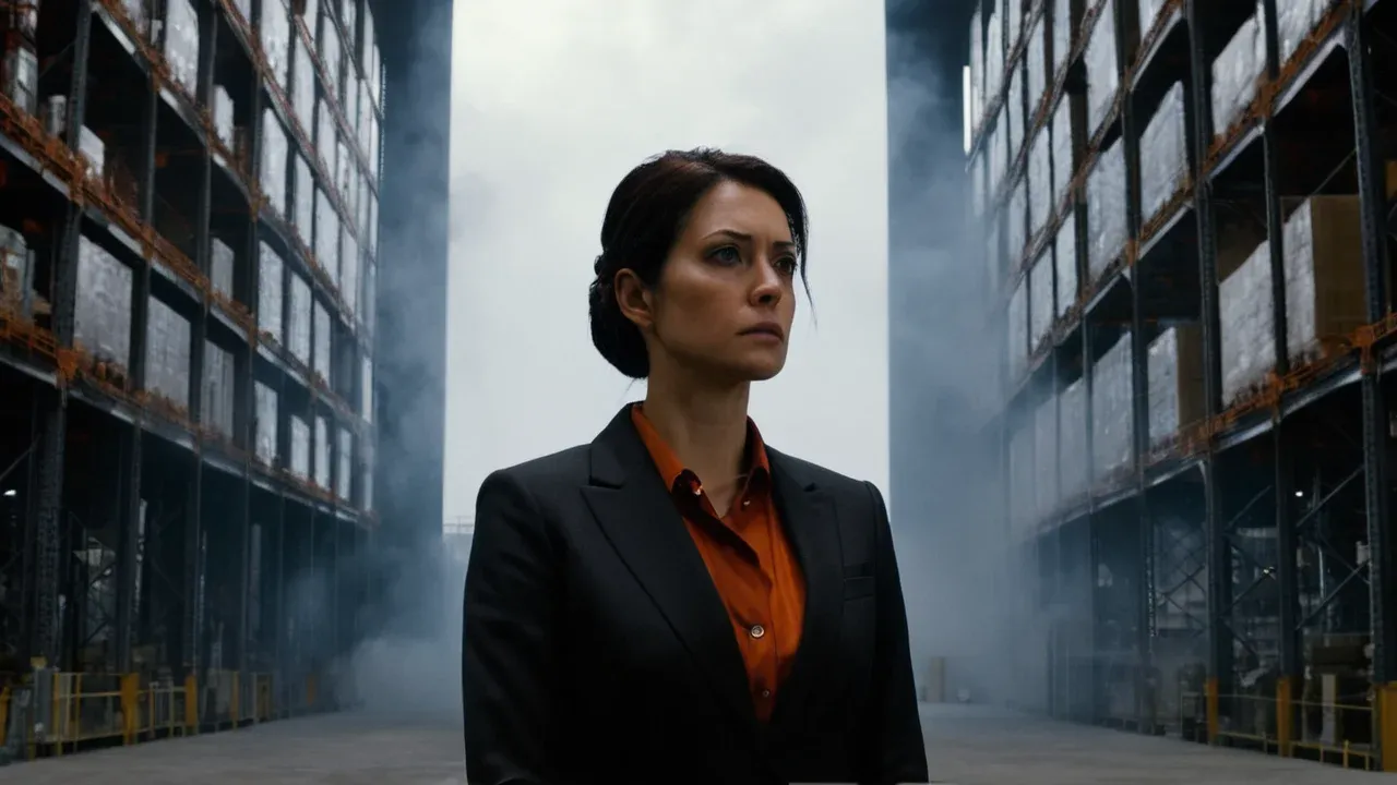 A split-screen style composition (visually blended) showing a calm, empty warehouse floor on one side and a chaotic, fiery horizon of an oil rig on the other, with an adult woman (age 32) in