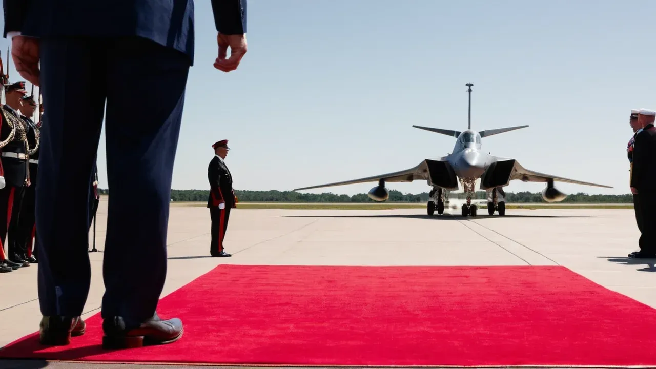 A high-contrast, cinematic medium shot of a formal diplomatic arrival ceremony.