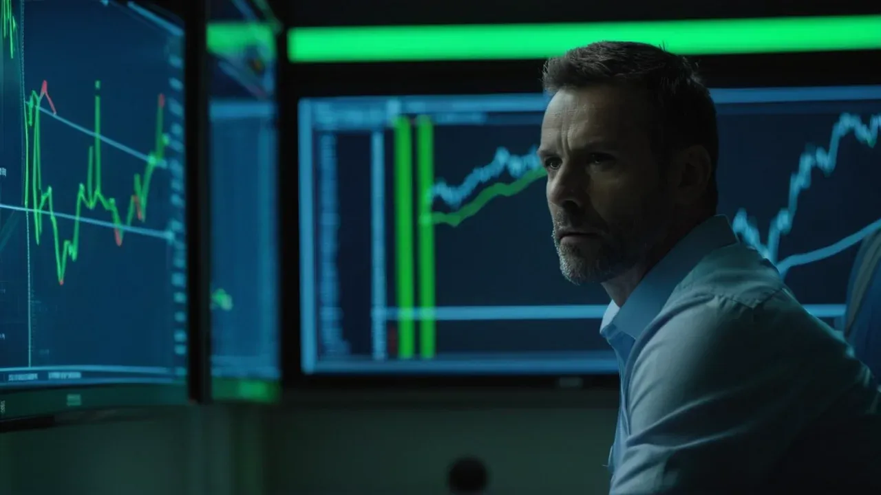 A medium shot of an adult man, age 38, sitting in a dimly lit, high-tech security operations center.