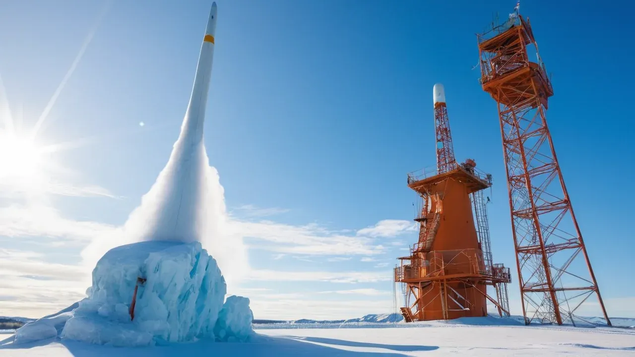 Low-angle wide shot of the Spectrum rocket ascending vertically from the Andøya launch pad. The rocket is a sleek, white cylindrical vehicle with ten distinct engine nozzles at the base, glowing with intense orange and blue exhaust plumes.