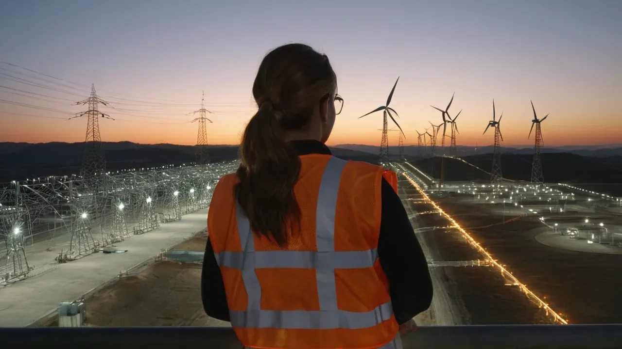 A high-angle, wide establishing shot of a modern, sprawling industrial grid substation at twilight.