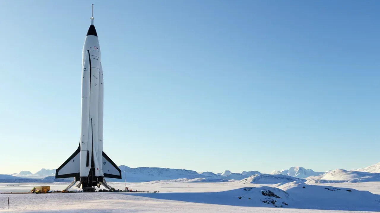 Wide establishing shot of Andøya Spaceport in northern Norway during a crisp late-summer morning. A sleek, white Spectrum rocket stands vertically on the launch pad, surrounded by industrial gantries and snow-dusted tundra.