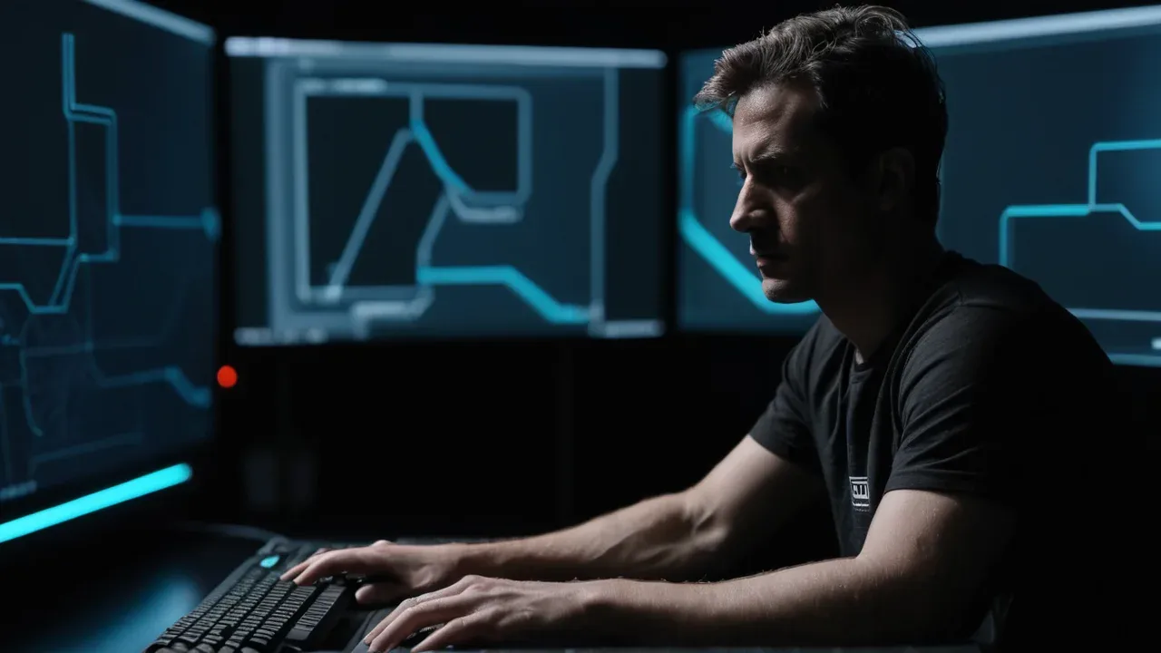 A close-up over-the-shoulder shot of an adult man (age 34) in a minimalist, dimly lit engineering workspace. He is wearing a dark t-shirt and looking at a large, matte-black monitor.