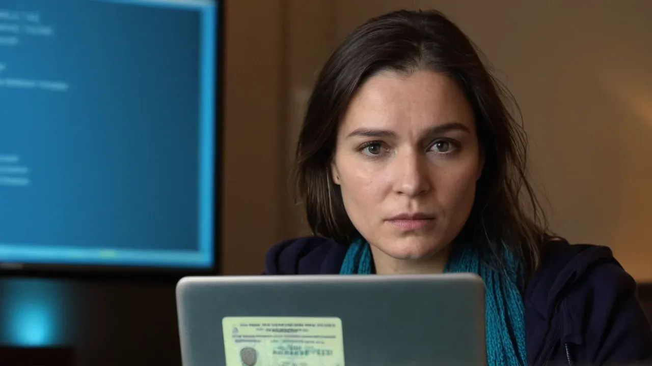 An adult woman (age 34) sitting in a dark room, illuminated only by the cool blue light of her laptop screen.