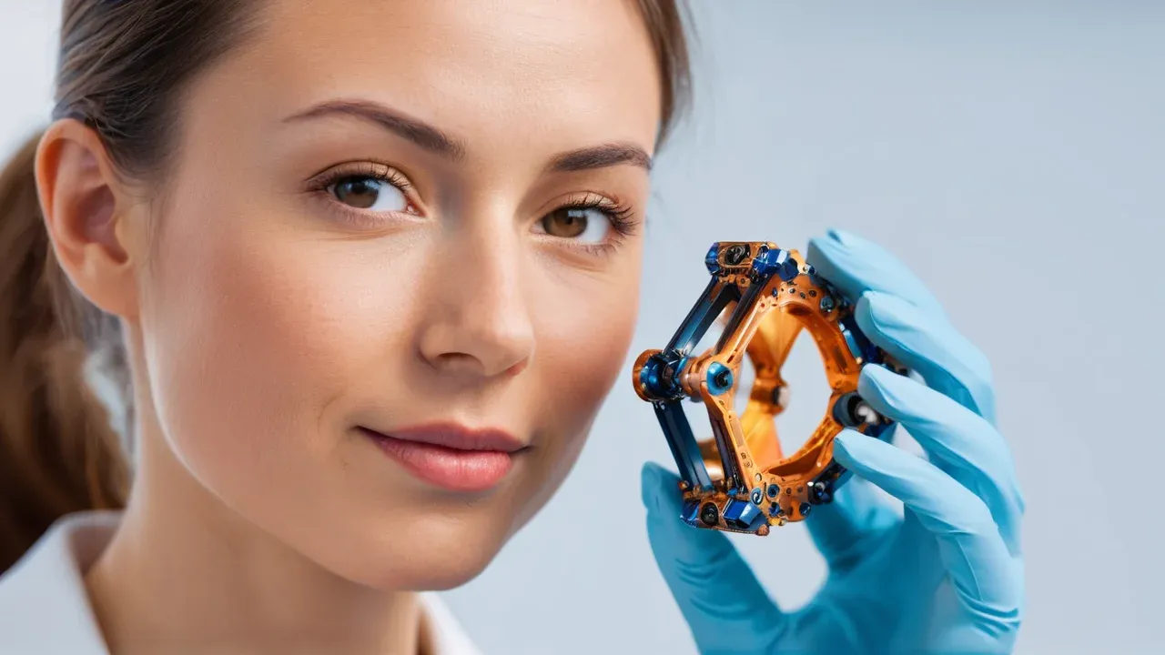 A sophisticated, high-tech laboratory environment where an adult woman engineer is inspecting a glowing, AI-generated hinge prototype, surrounded by holographic data streams and precision too