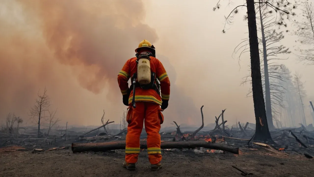 A dramatic, wide-angle shot of a firefighter in full gear standing amidst the smoky ruins of a burnt forest in Glossop.
