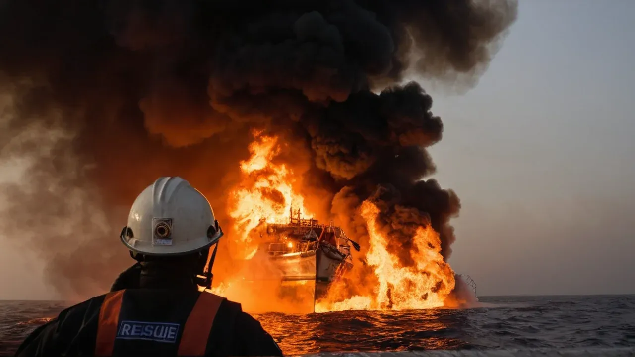 A medium shot from the deck of a rescue boat looking towards the burning commercial vessel.