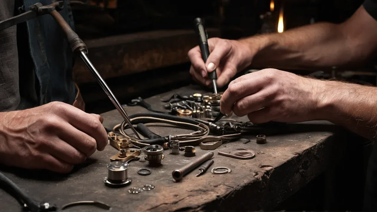 A close-up, high-angle shot of a cluttered engineering workbench in a dimly lit garage or university lab. Three hands are visible working on a complex, semi-assembled rocket component (likely a nozzle or engine cluster) made of matte black composite and copper piping.