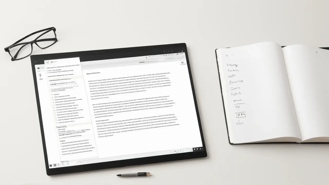 An overhead shot of a modern, minimalist desk where a laptop screen displays a blinking cursor in a text field, flanked by physical notebooks and coffee cups, with soft morning light illumina