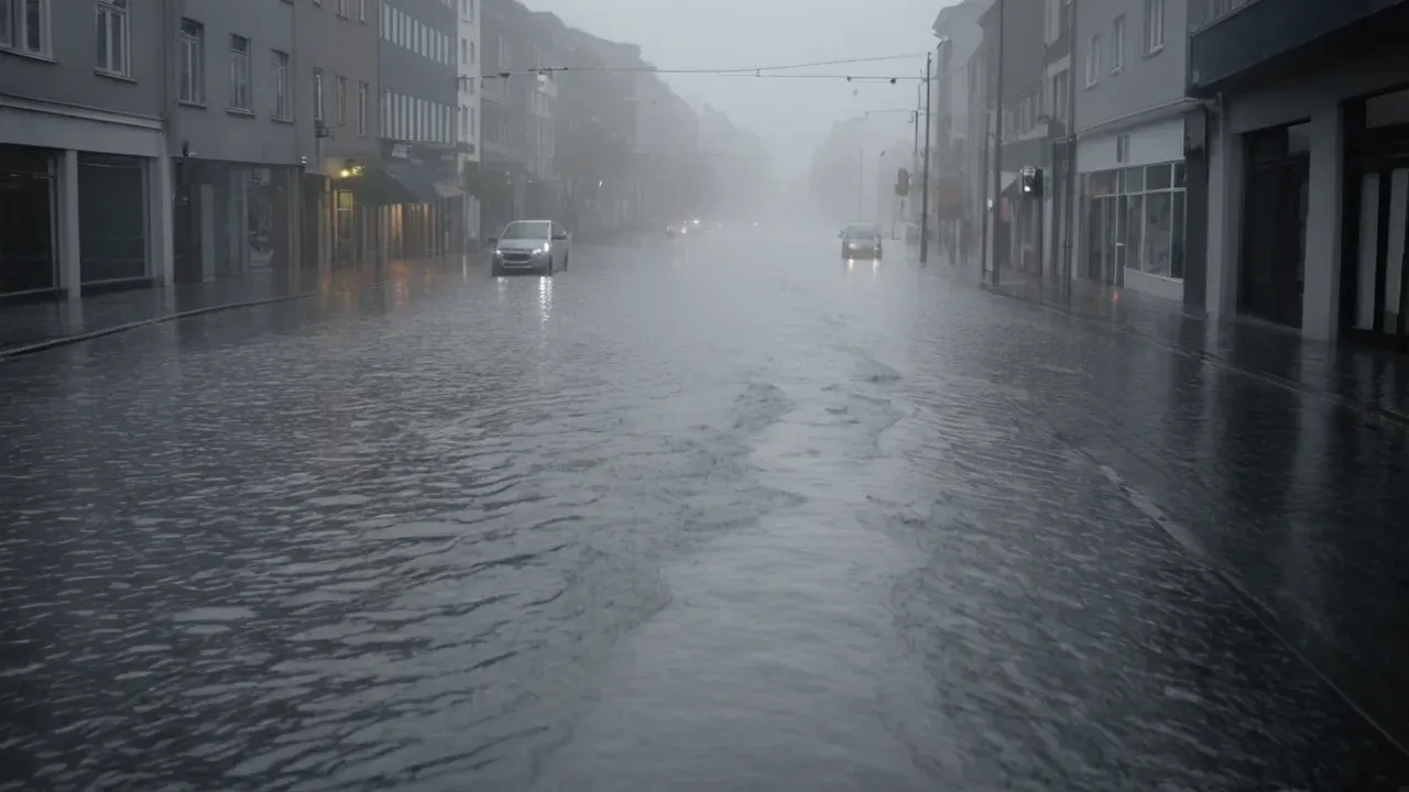 An aerial view of a coastal city like Miami or New Orleans during a storm surge.