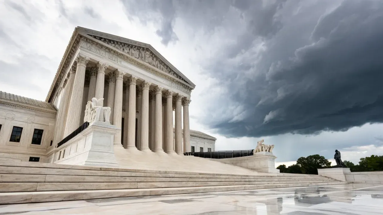 A dramatic, low-angle architectural shot of the US Supreme Court building facade.