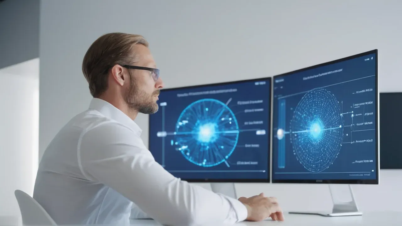 A split-screen or layered composition. In the foreground, a young adult man (age 32) sits at a modern desk, looking at a large monitor displaying a complex, glowing node-link diagram (the Graph).