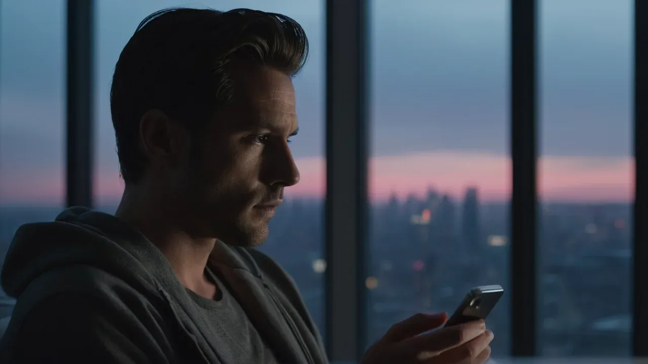 A solitary adult man (age 32) sitting in a dimly lit, modern living room, staring intently at a smartphone screen.