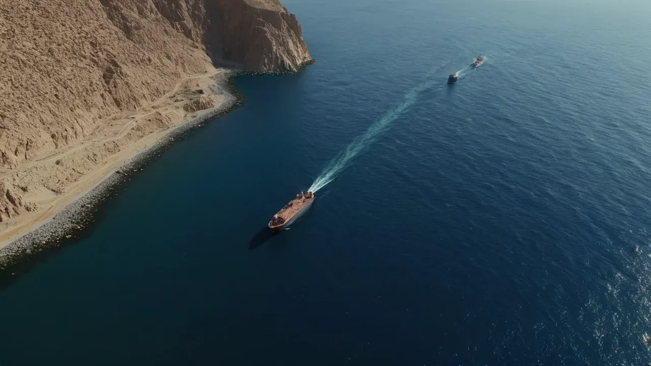 A high-angle, wide shot of the Bab el-Mandeb Strait.