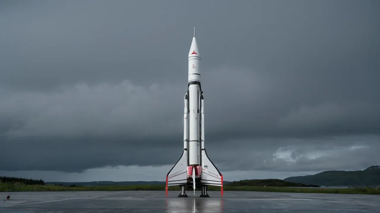 Isar Aerospace’s Spectrum rocket beneath an overcast sky at Andøya, Norway.