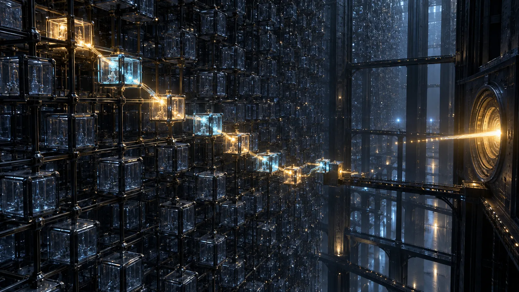 A sparse path of illuminated glass compute modules routes through a vast dormant memory lattice toward a concentrated output aperture.