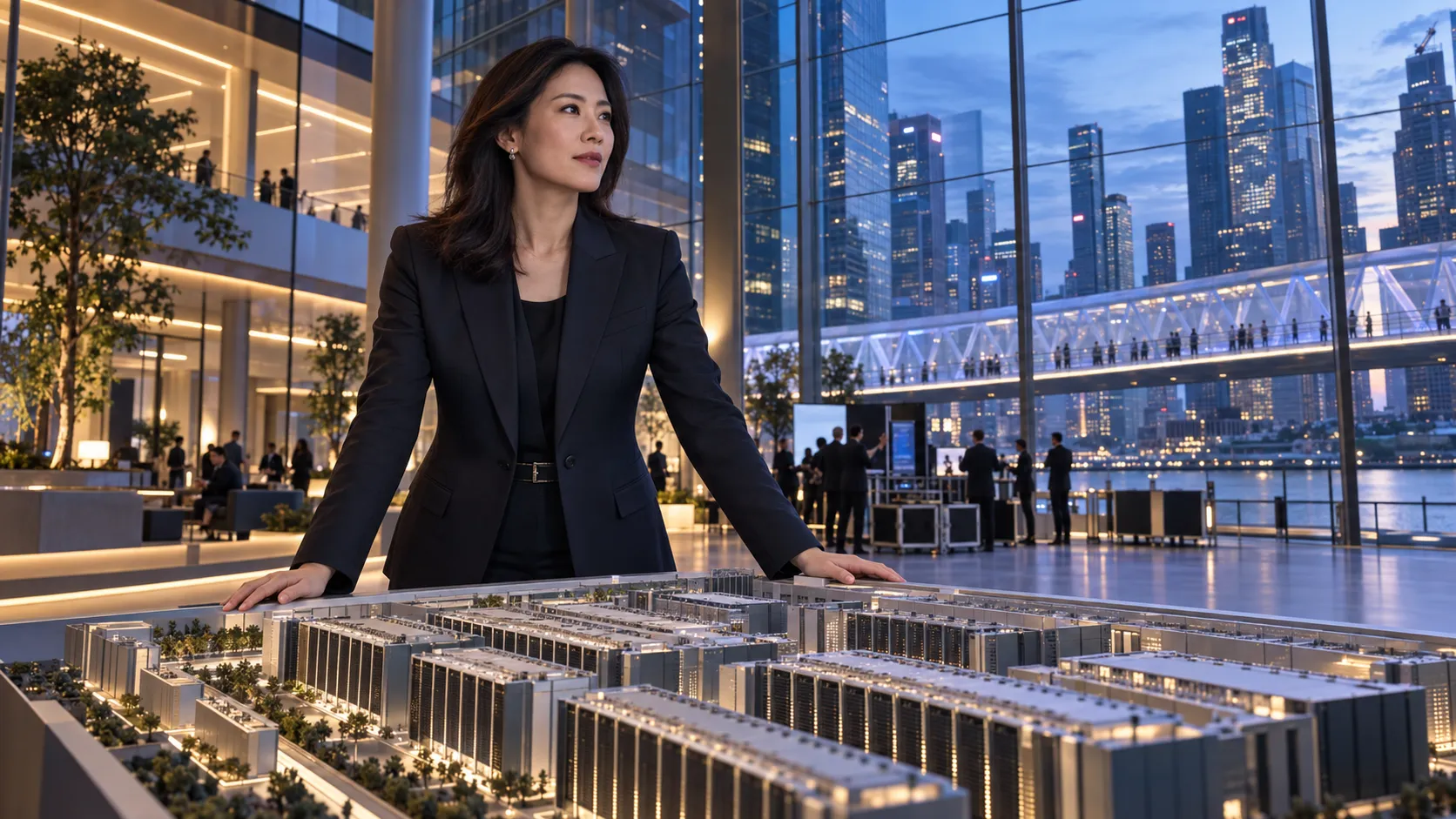 A technology executive with both hands on a computing campus model surveys a financial district before a market debut.