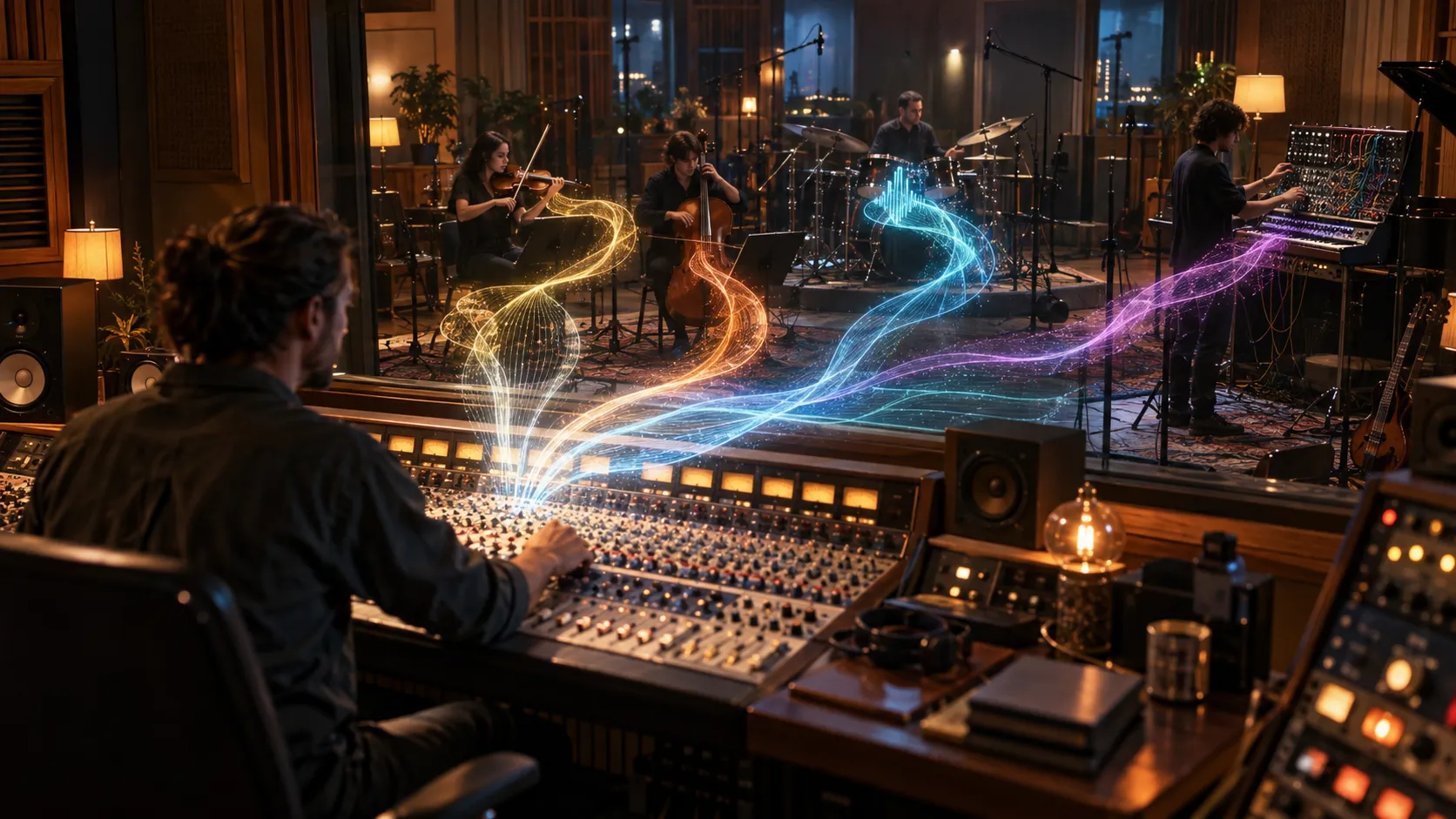 A producer shapes layered luminous sound streams from an analog console toward a live chamber ensemble and synthesizer.