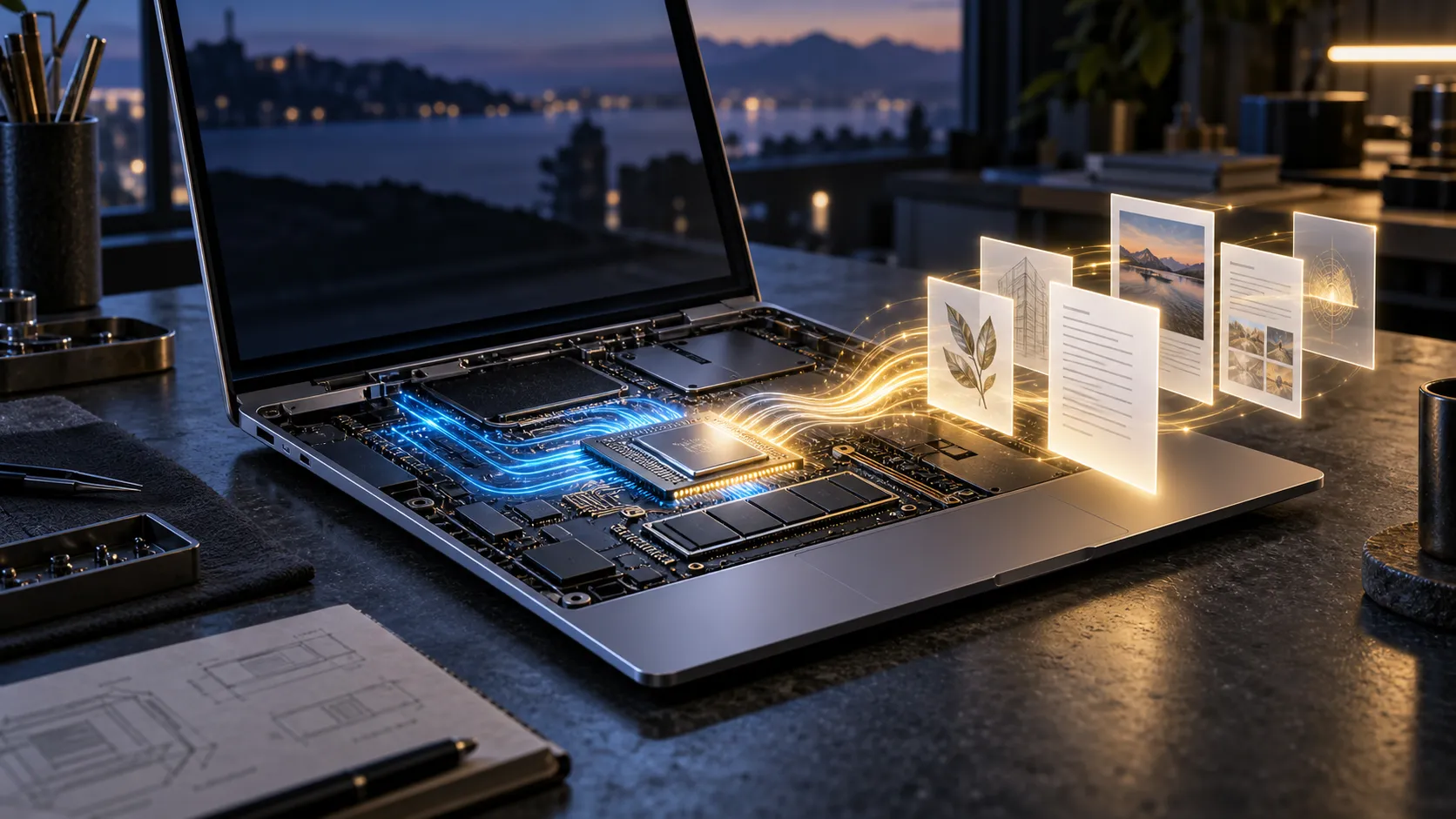 High-speed inference pulses through the exposed chip and memory of a slim unbranded laptop, producing finished documents locally.