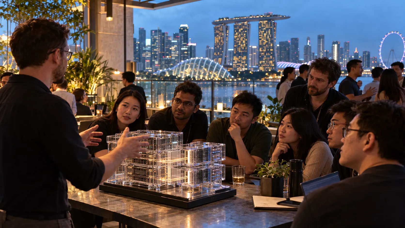 A technical speaker demonstrates a transparent data-cluster model to an engaged Singapore engineering meetup after tropical rain.