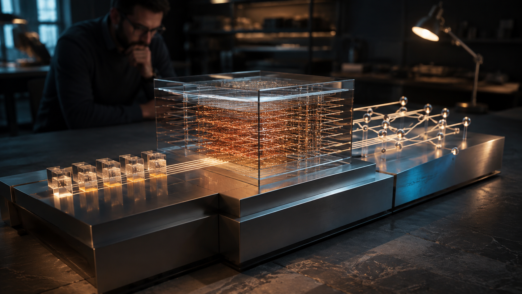 An engineer studies a glass-and-metal model linking input blocks, a layered computational core, and a branching graph.
