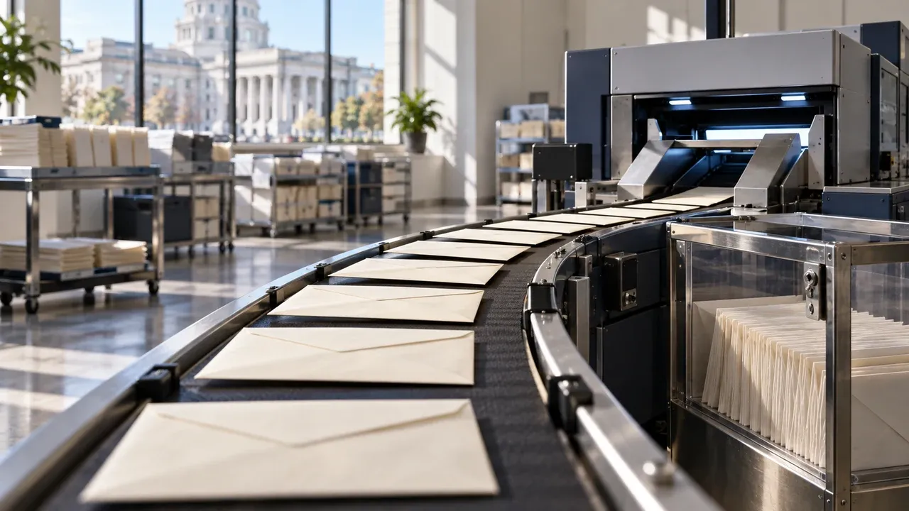 Editorial conceptual image of sealed mail ballots moving through a secure sorting system toward a locked collection box.