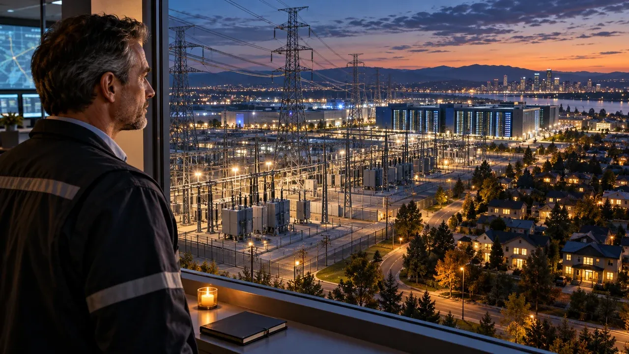 Editorial illustration of a grid engineer surveying infrastructure linking a data-center campus with a residential community.