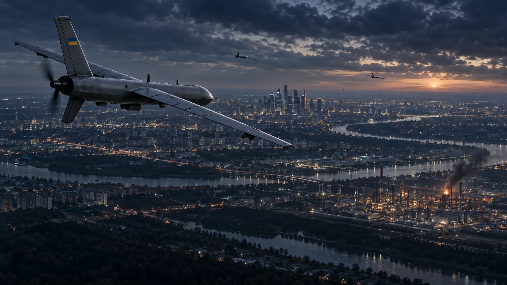 Editorial illustration of a Ukrainian long-range drone approaching the Moscow region, with the capital skyline and Kapotnya industrial zone in the distance.