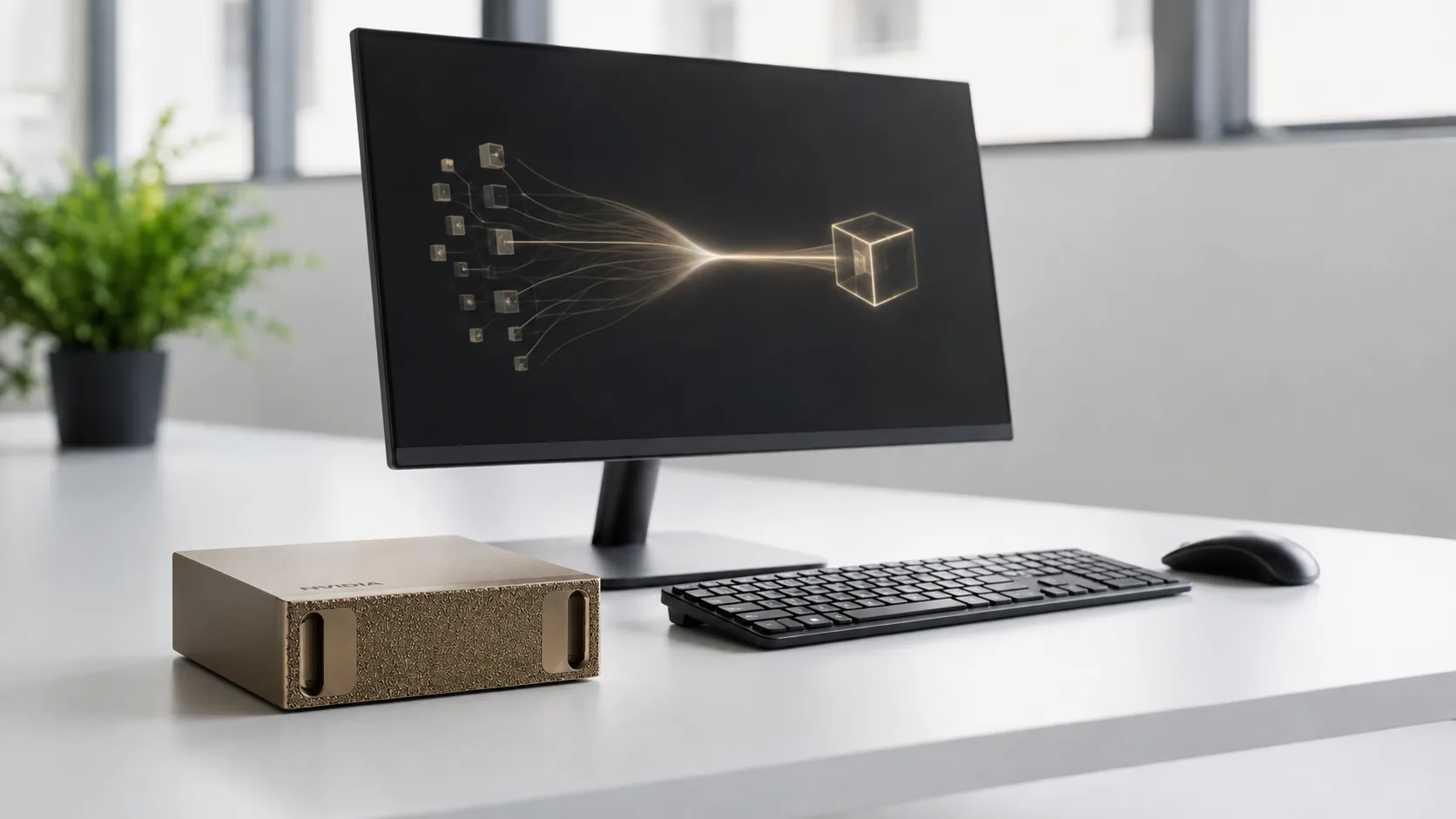 A champagne-gold NVIDIA DGX Spark on a bright desk beside a wordless single-node processing visualization.