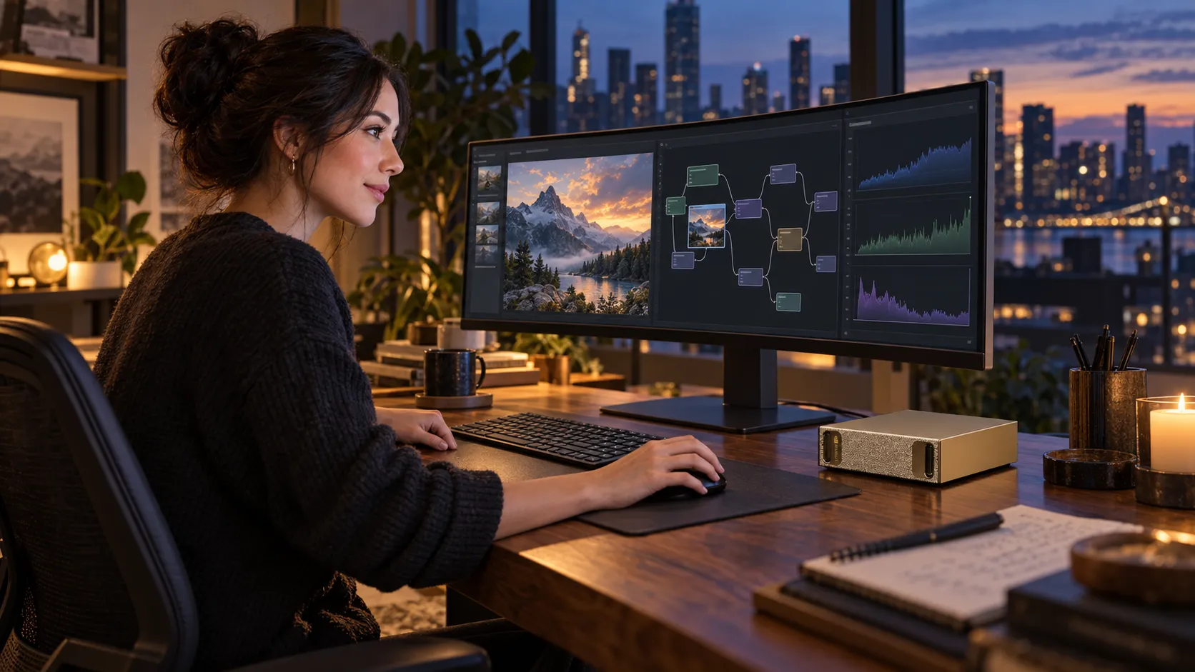 Woman running local AI on a compact NVIDIA DGX Spark workstation at dusk.