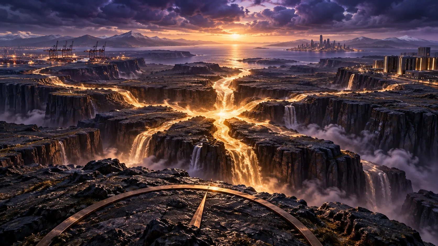 Conceptual Compass landscape of fractured basalt plates bridged by a luminous gold river at dusk.