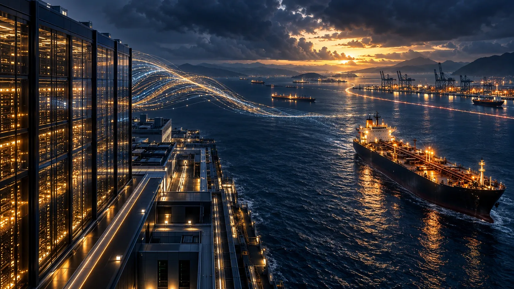 Editorial visualization of a server facility and oil tanker linked across a strategic sea at night.