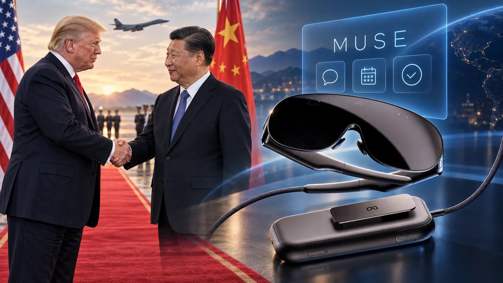 Editorial montage of the US-China diplomatic summit, Meta VR Glasses and the Muse personal AI agent.