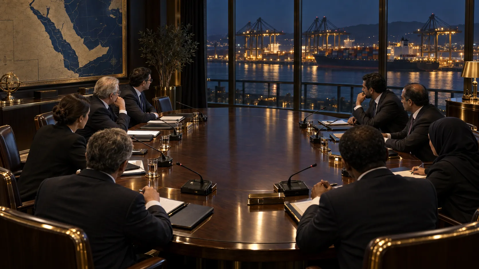 Editorial illustration of two diplomatic delegations facing an empty center across a dark table with port cranes and a merchant ship beyond.