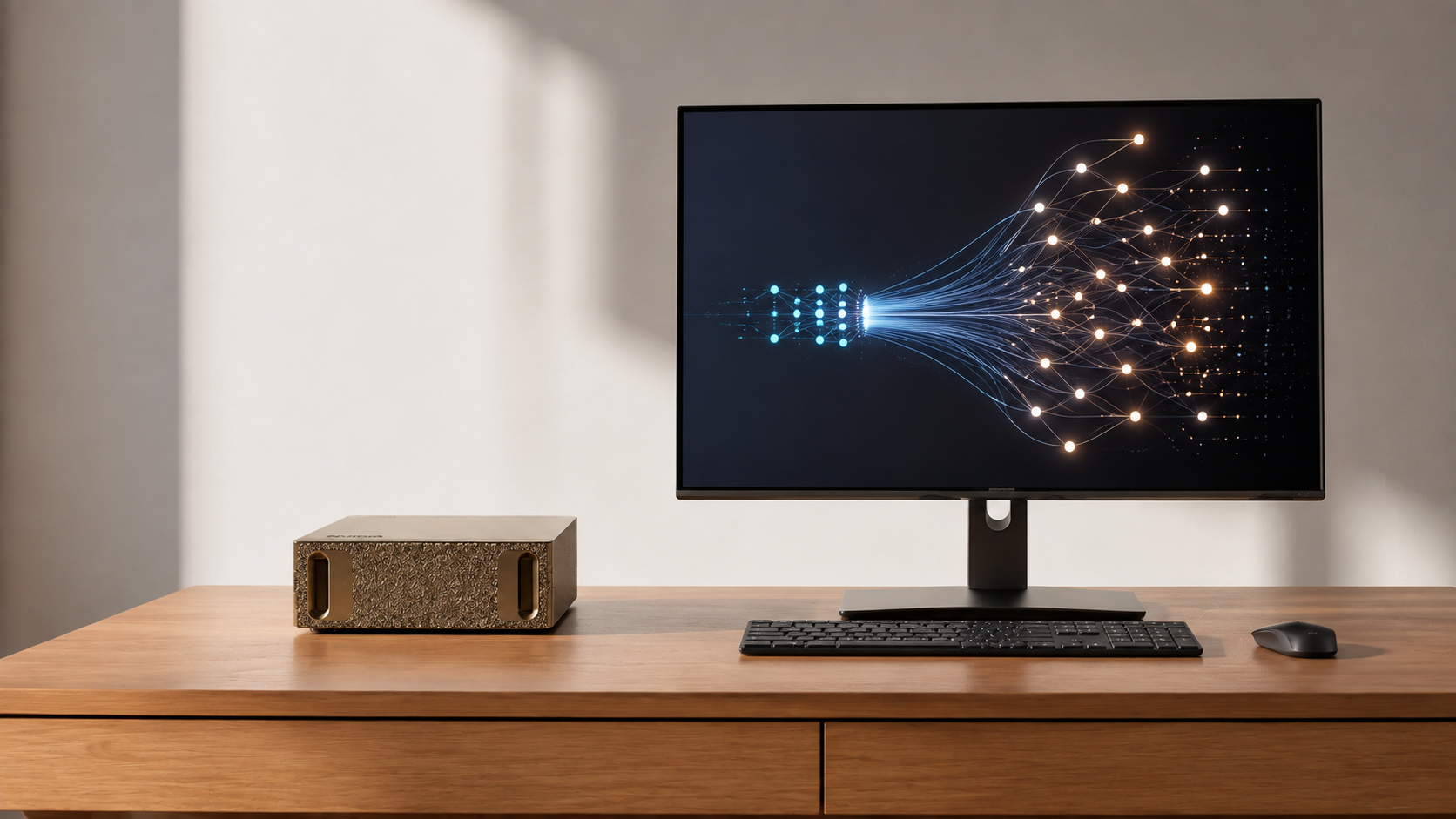 A DGX Spark workstation with a conceptual network visualization suggesting more capable future language models.