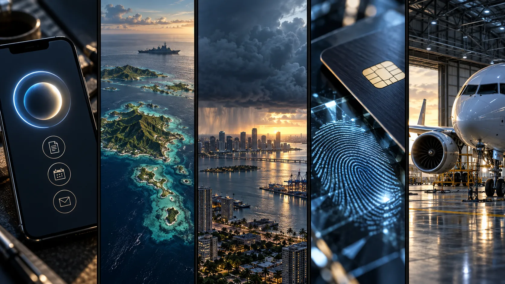 Editorial panorama of five independent signals: personal AI, Caribbean geopolitics, coastal storm disruption, banking identity security, and aviation inspection.
