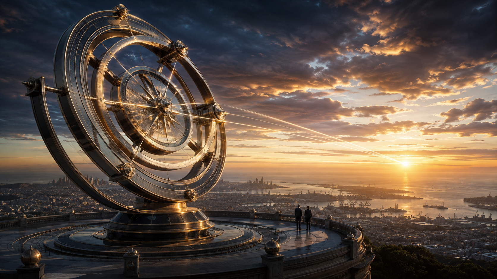 A monumental bronze compass overlooks a coastal city at sunrise, with two observers on its terrace.