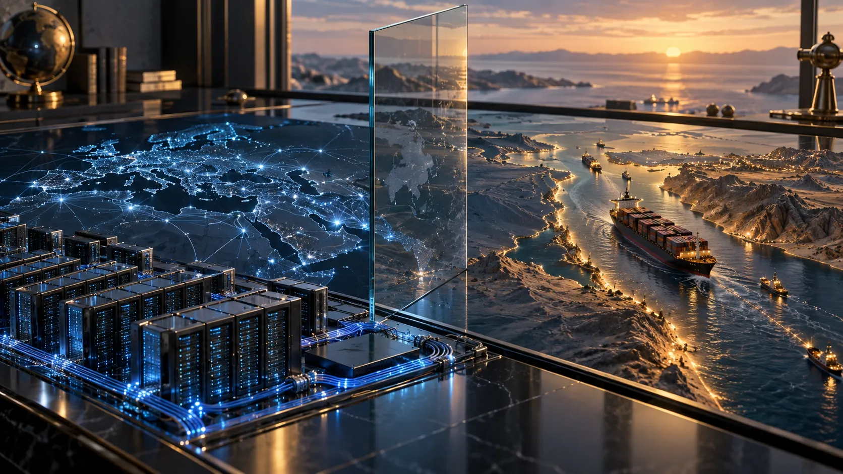 Editorial illustration uniting a blue-lit server network and amber maritime chokepoint across a dark strategic map table.